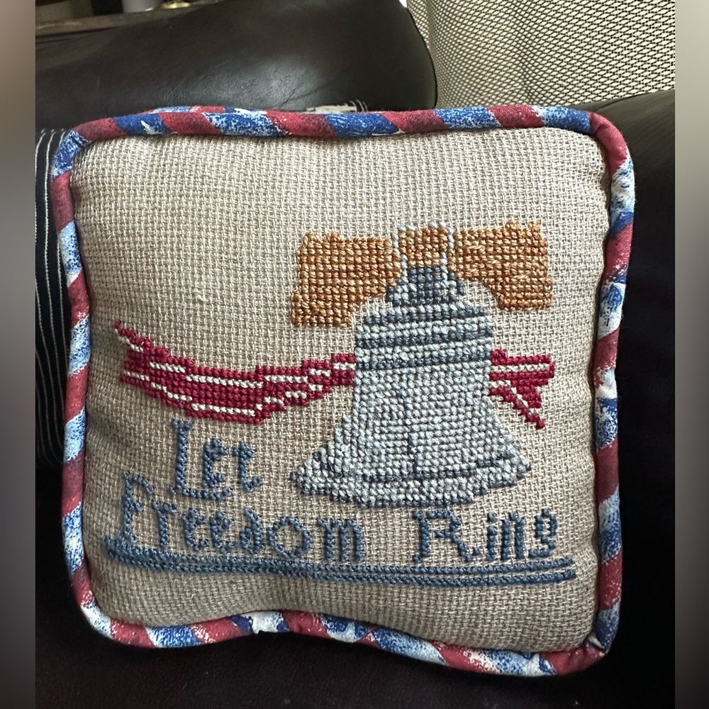 Patriotic 'Let Freedom Ring' Cross-Stitch Decorative Pillow - Red, Blue, Tan 8x8